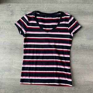 Tommy Hilfiger Navy Striped V-Neck Tee with Pink & White Accents
